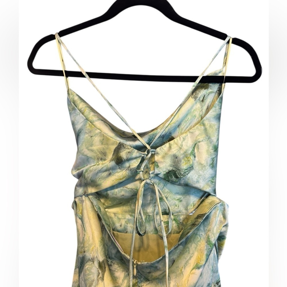 Vici Green Satin Printed Satin Cut Out Maxi Tie Back Midi Formal Dress Large - Picture 3 of 5